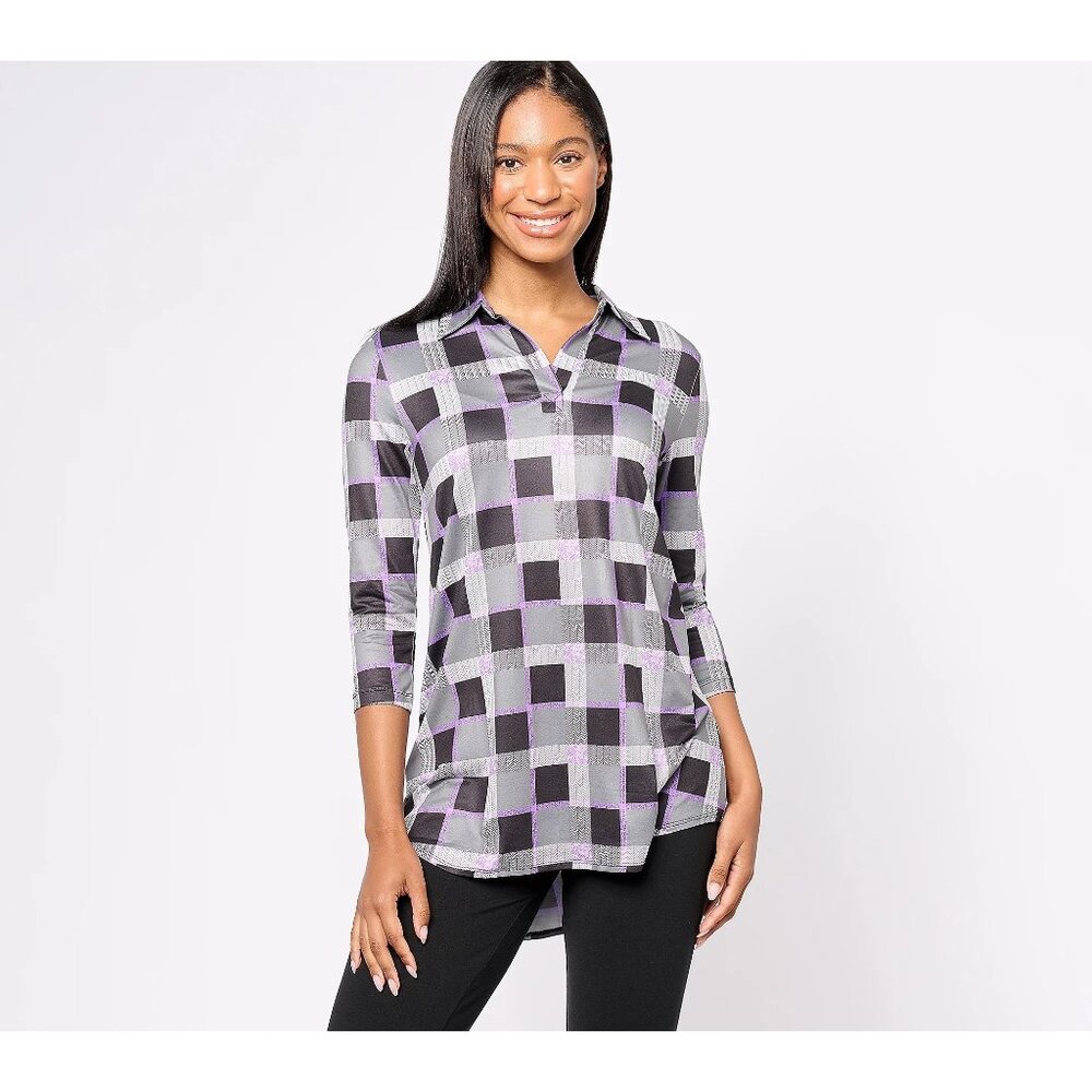 Women with Control Tall Plaid Tunic with Cotton Jersey Black Purple Women 1X